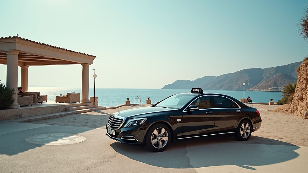 Wide angle view of a luxury taxi parked near a Mykonos beachside hotel