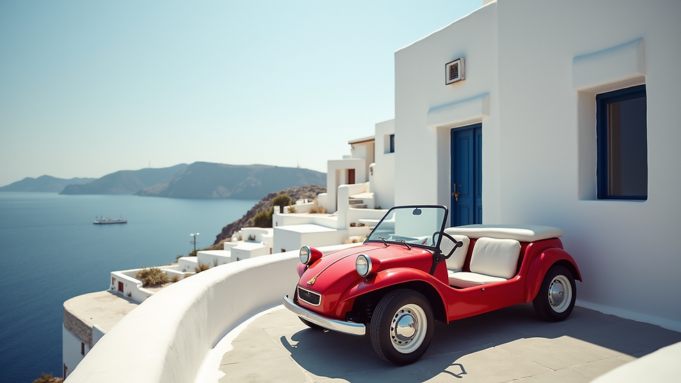 Eye-level view of a red buggy parked near a white building in Mykonos