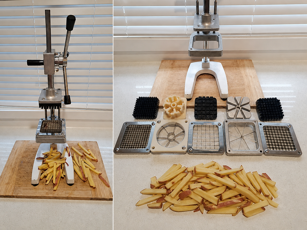Potato chipper machine with multiple blade attachments and freshly cut fries on countertop
