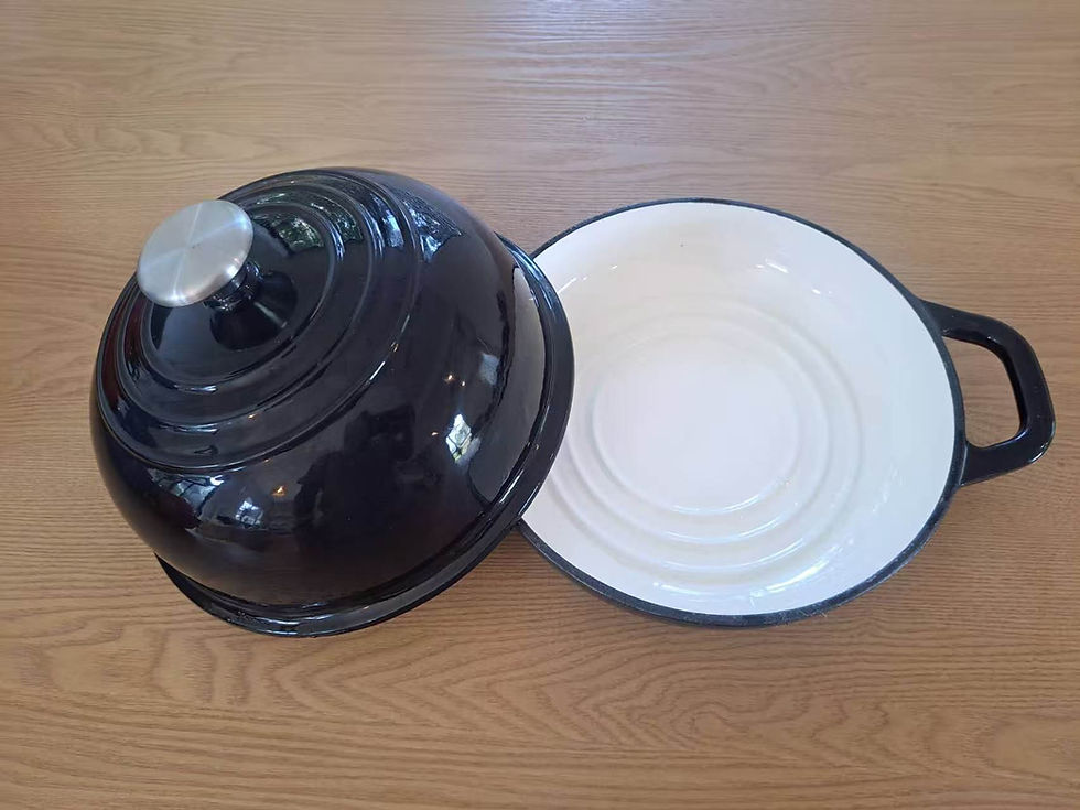Thumbnail: Black enamel bread cloche open showing shallow base for easy sourdough transfer