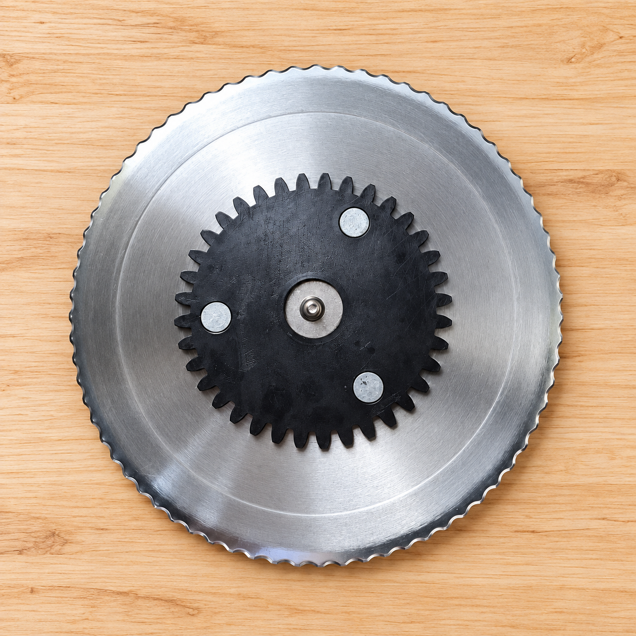Circular serrated replacement blade with black drive gear and central screw for a manual hand-crank bread slicer.