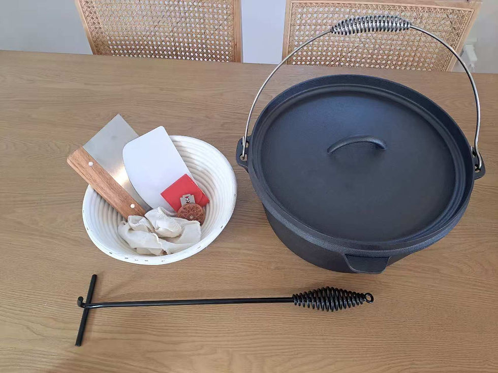 Thumbnail: Essential sourdough baking kit featuring a cast iron Dutch oven, rattan banneton, monkey lame, and a natural fibre cleaning