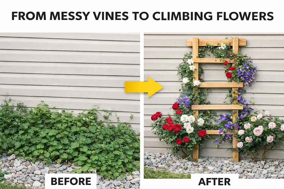 Wooden garden trellis mounted on fence with roses and flowering vines