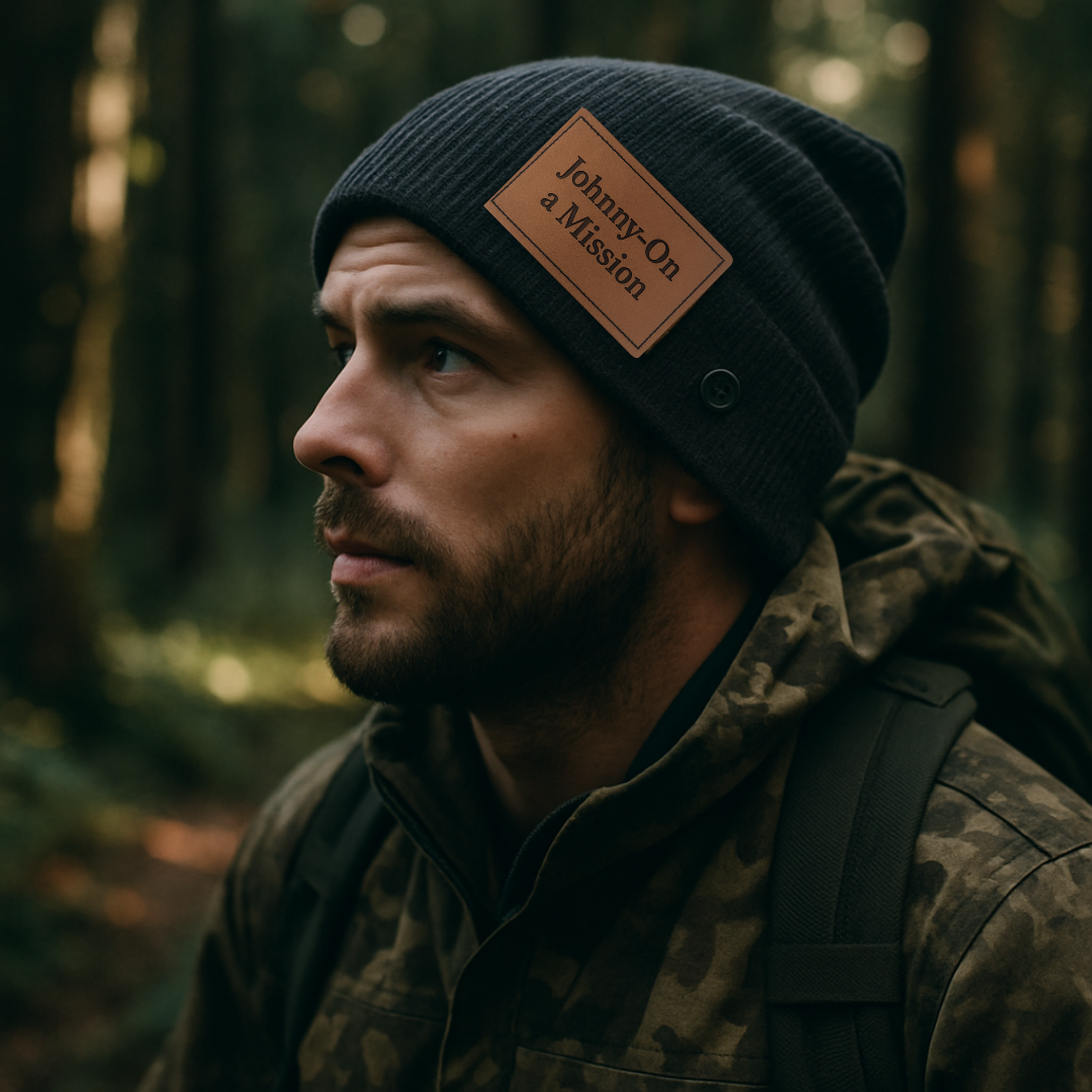 Personalized Engraved Leather Patch Beanie Hat – Custom Cuff Fold Winter Hat