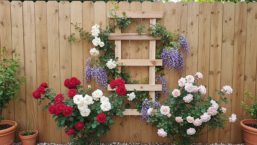 Thumbnail: Wooden garden trellis mounted on fence with roses and flowering vines
