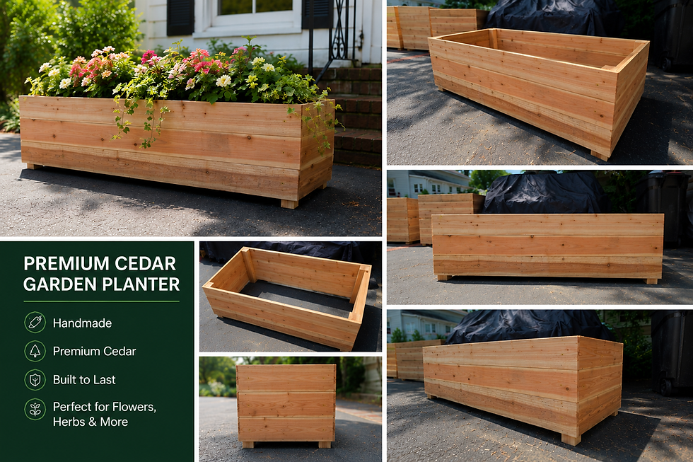 Large cedar planter box filled with fresh vegetables and herbs in a backyard garden patio setting.