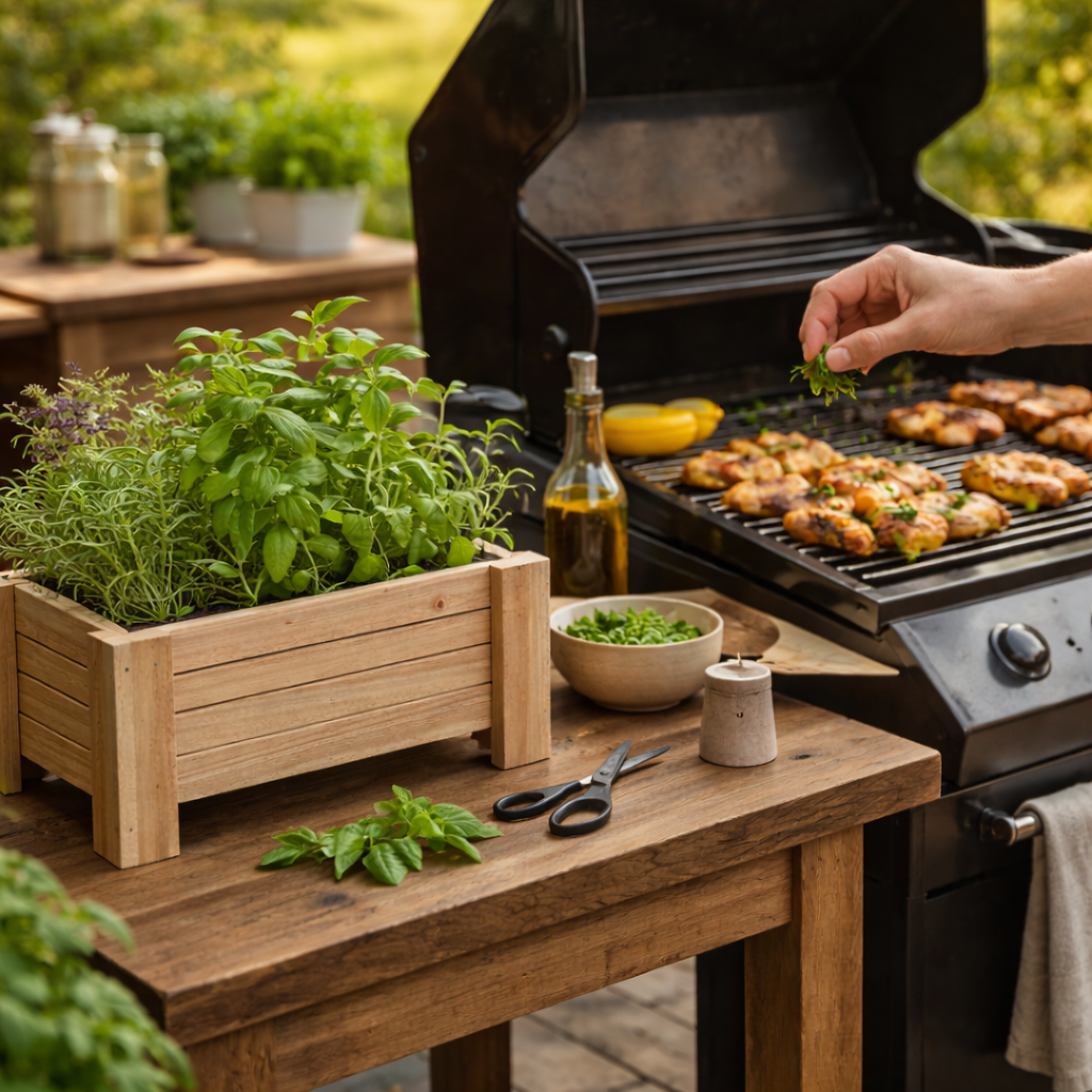 Cedar wood small basil planter box with legs for indoor herb garden, raised wooden planter for kitchen or windowsill