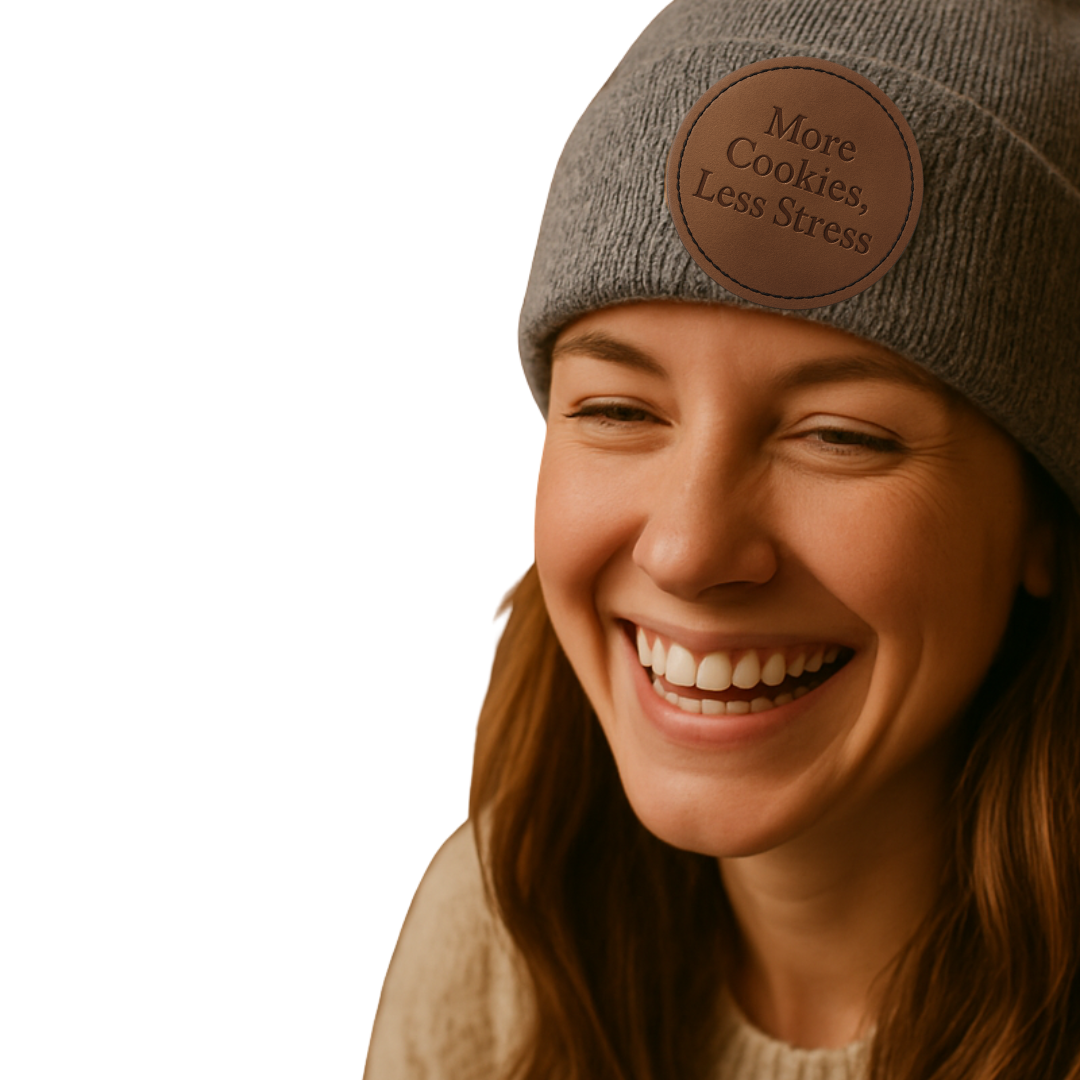 Personalized Engraved Leather Patch Beanie Hat – Custom Cuff Fold Winter Hat