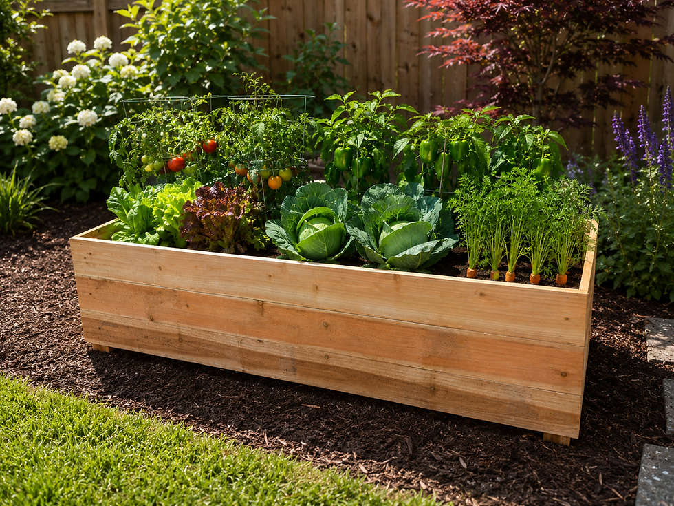 Thumbnail: Raised cedar vegetable garden planter with tomatoes, lettuce, cabbage, basil, and flowers in backyard landscaping.