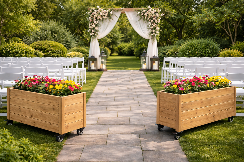 Thumbnail: Cedar planter with caster wheels used for outdoor dining and events
