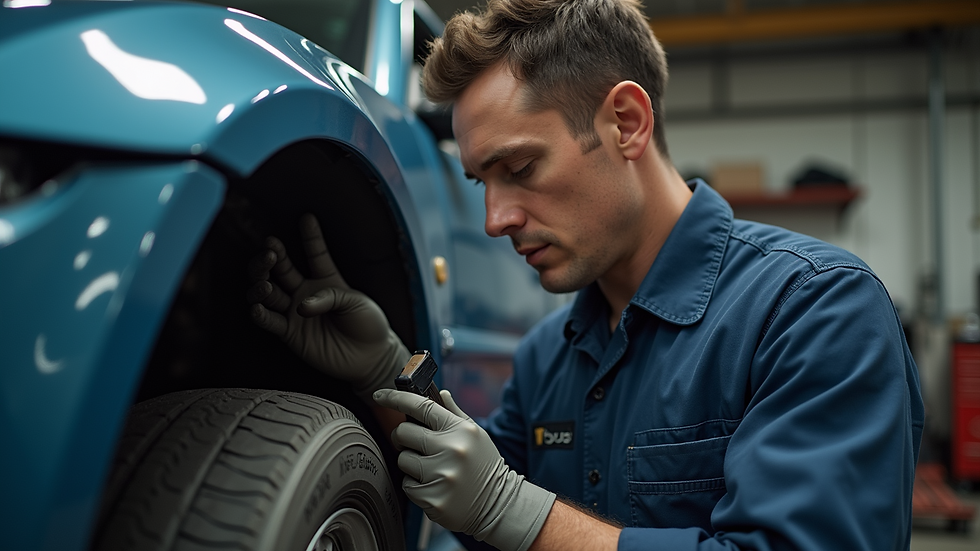 Close-up view of a mechanic inspecting a vehicle's frame for damage