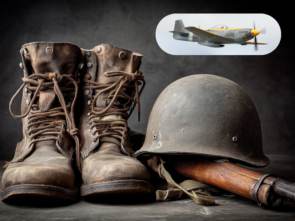 Zweiter Weltkrieg am Arabischen Golf – Soldatenstiefel, Stahlhelm, Gewehr und Kampfflugzeug als Symbol militärischer Präsenz in der Region