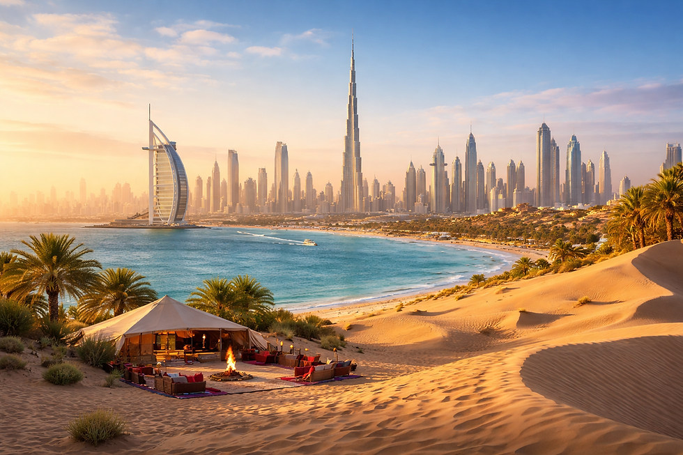Skyline und Wüstenlandschaft der Vereinigten Arabischen Emirate