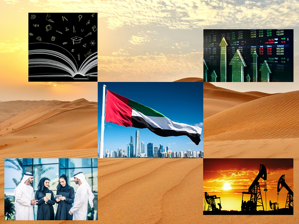 Wirtschaft der Vereinigten Arabischen Emirate zwischen Öl, Bildung und Finanzmärkten – VAE-Flagge, Geschäftsleute, Börsenkurse und Erdölförderung