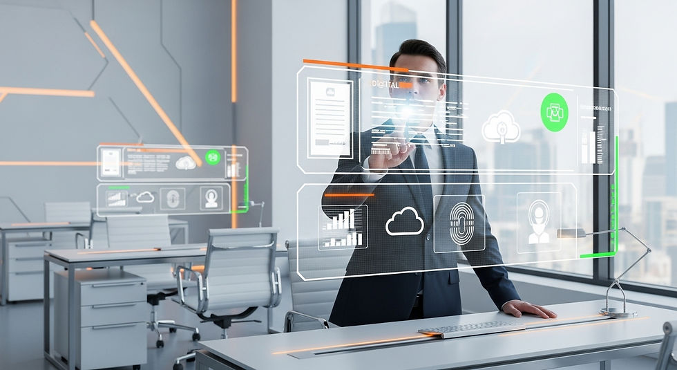 Contador utilizando sistema automatizado de certificação digital em um ambiente de escritório moderno, representando eficiência e transformação tecnológica.