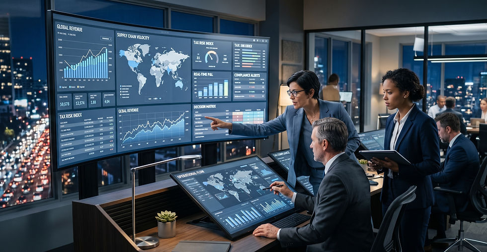 Reunião de conselho corporativo analisando dashboards de governança e rastreabilidade de dados em preparação para auditoria.