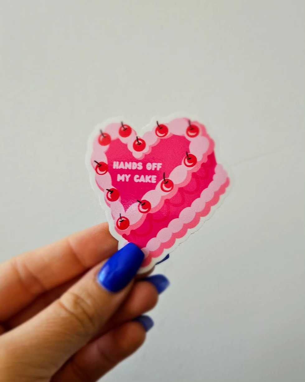 cute heart shaped pink cake sticker with "hands off my cake"