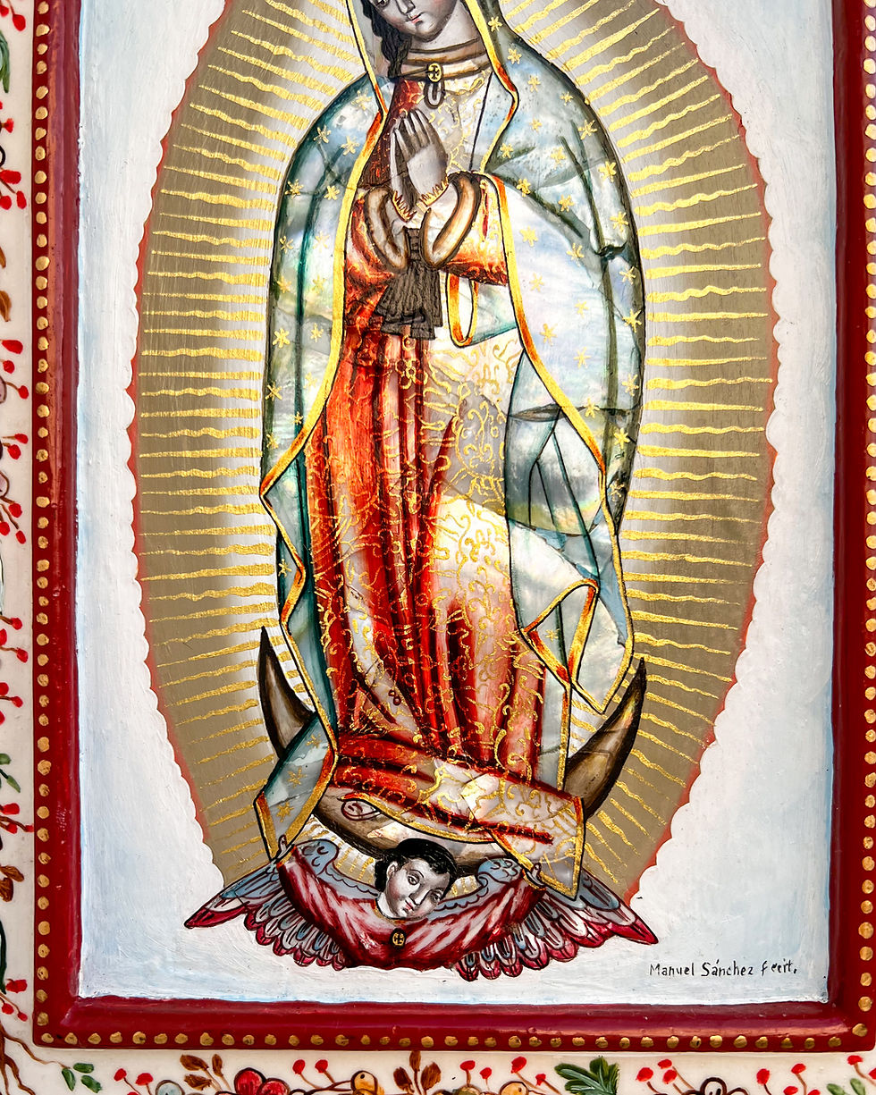 Miniatura: Pintura de la Virgen de Guadalupe Oleo Sobre Madera Enconchada 