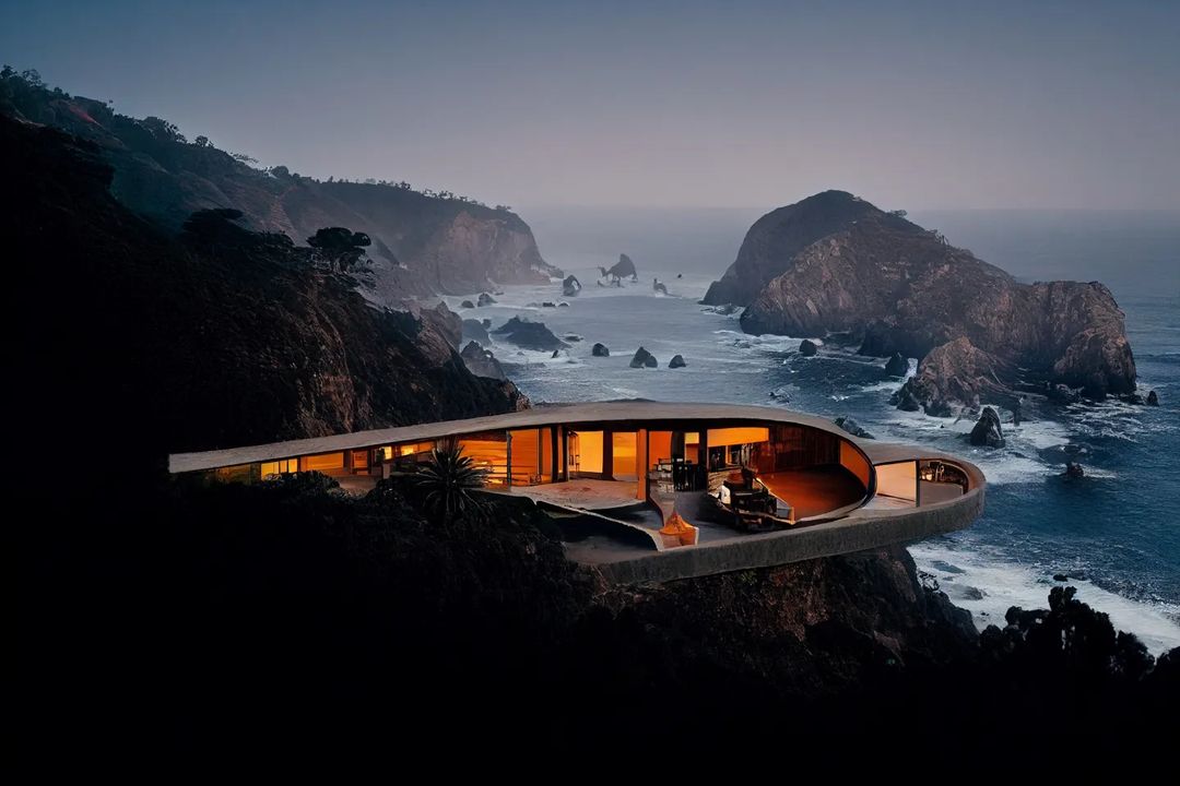 Midjourney ai architecture imagined house on cliff infront dark sea and rocks