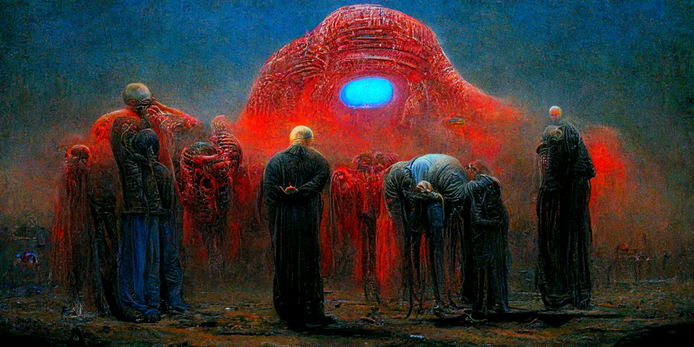 An ai art form showing humans from behind infront of a scary red structure
