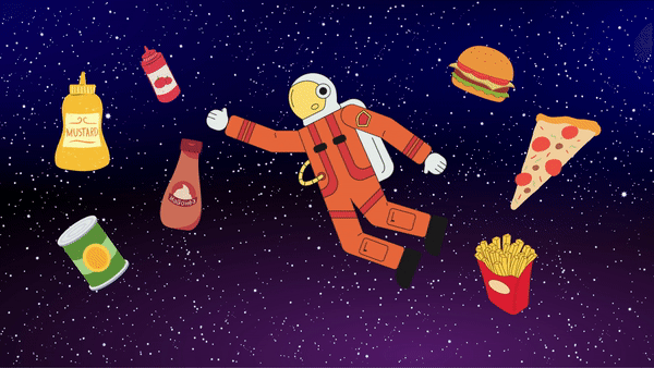 A graphic representation of an astronaut around different edibles