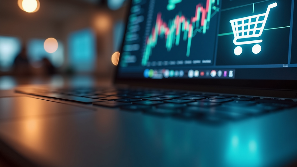 Eye-level view of a laptop with a shopping cart icon on the screen