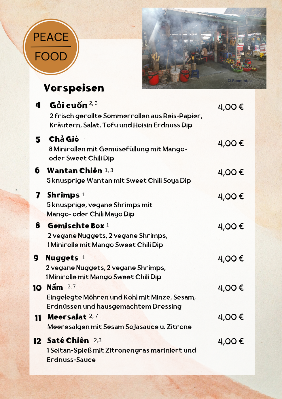 Auszug aus einer Speisekarte für ein vietnamesisches, veganes Restaurant
