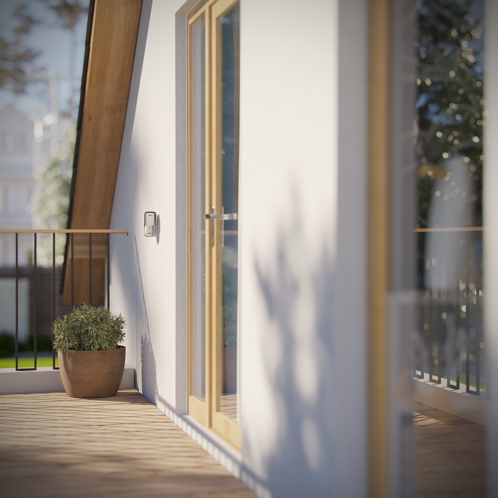 Дерев'яний балкон з дверима та рослиною. Сонячне світло падає на стіну будівлі.