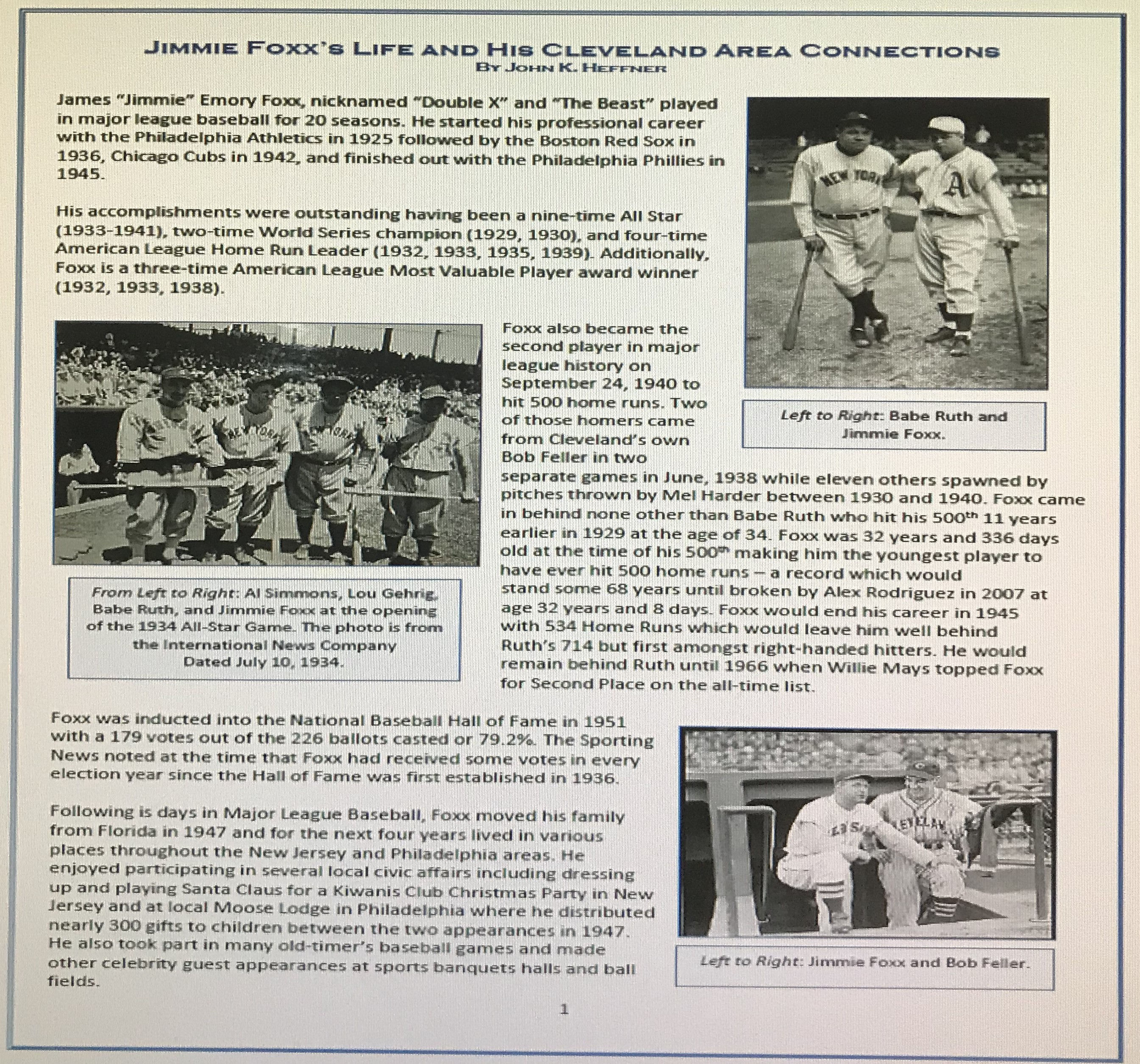 Jimmie Foxx’s Life and His Cleveland Area Connections