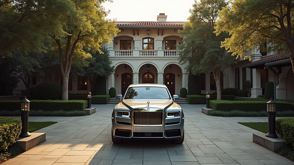 High angle view of a luxury vehicle parked outside a mansion