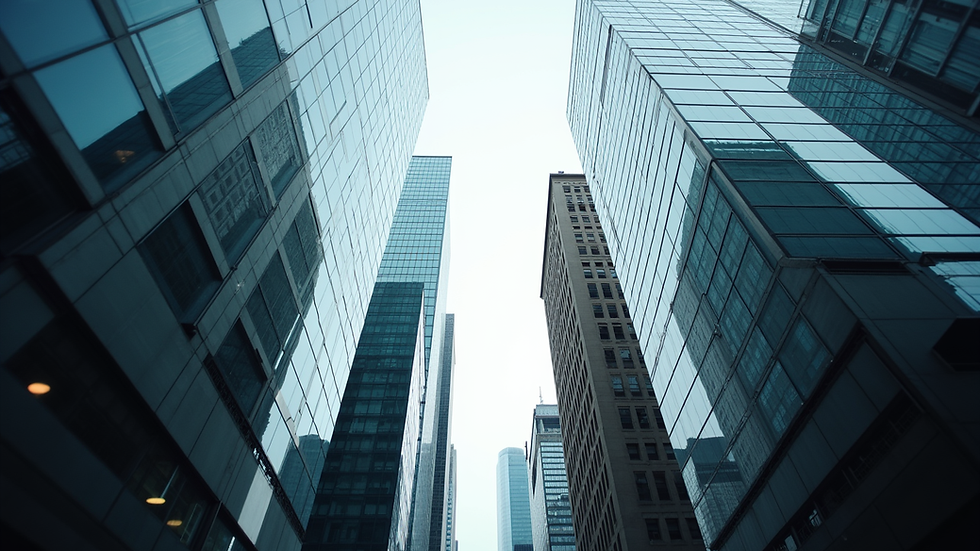 Eye-level view of a modern city skyline with a focus on corporate buildings