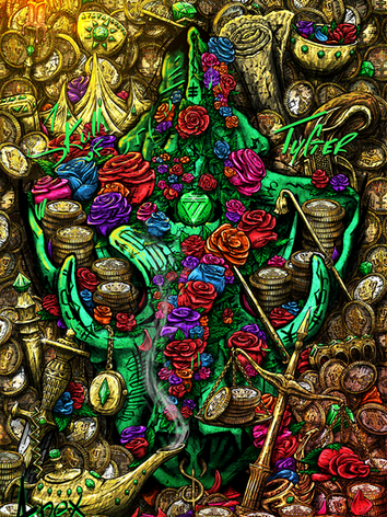 The Apex Skull of Emerald is a green Tiger Skull sitting in a pile of treasure covered in red, purple, pink, orange, and blue roses.  THere is a single candle burning in the treasure pile.