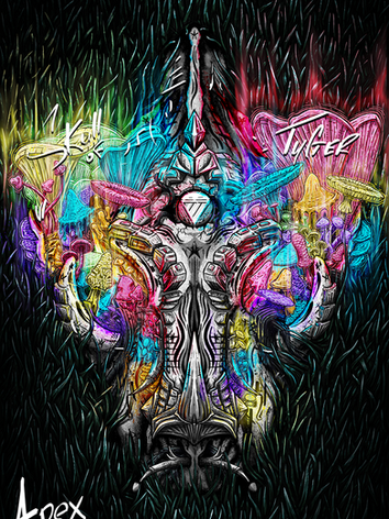 The Apex Skull of Diamond is a white Tiger skull lying in the grass under the moonlight with a plethora of glowing mushrooms in multiple colors growing and glowing out of the skull.