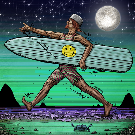 Johnny Folk Hero hits the waves as he spreads Happiness on hazy night at the beach during a cold spring.