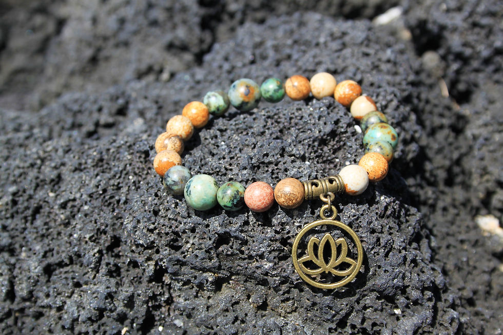 Thumbnail: 8" Bracelet - African Turquoise & Picture Jasper w Bronze Lotus charm