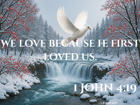 Winter waterfall with snowy trees, red berries, and a white dove flying overhead — symbolizing purity, renewal, and the Holy Spirit.