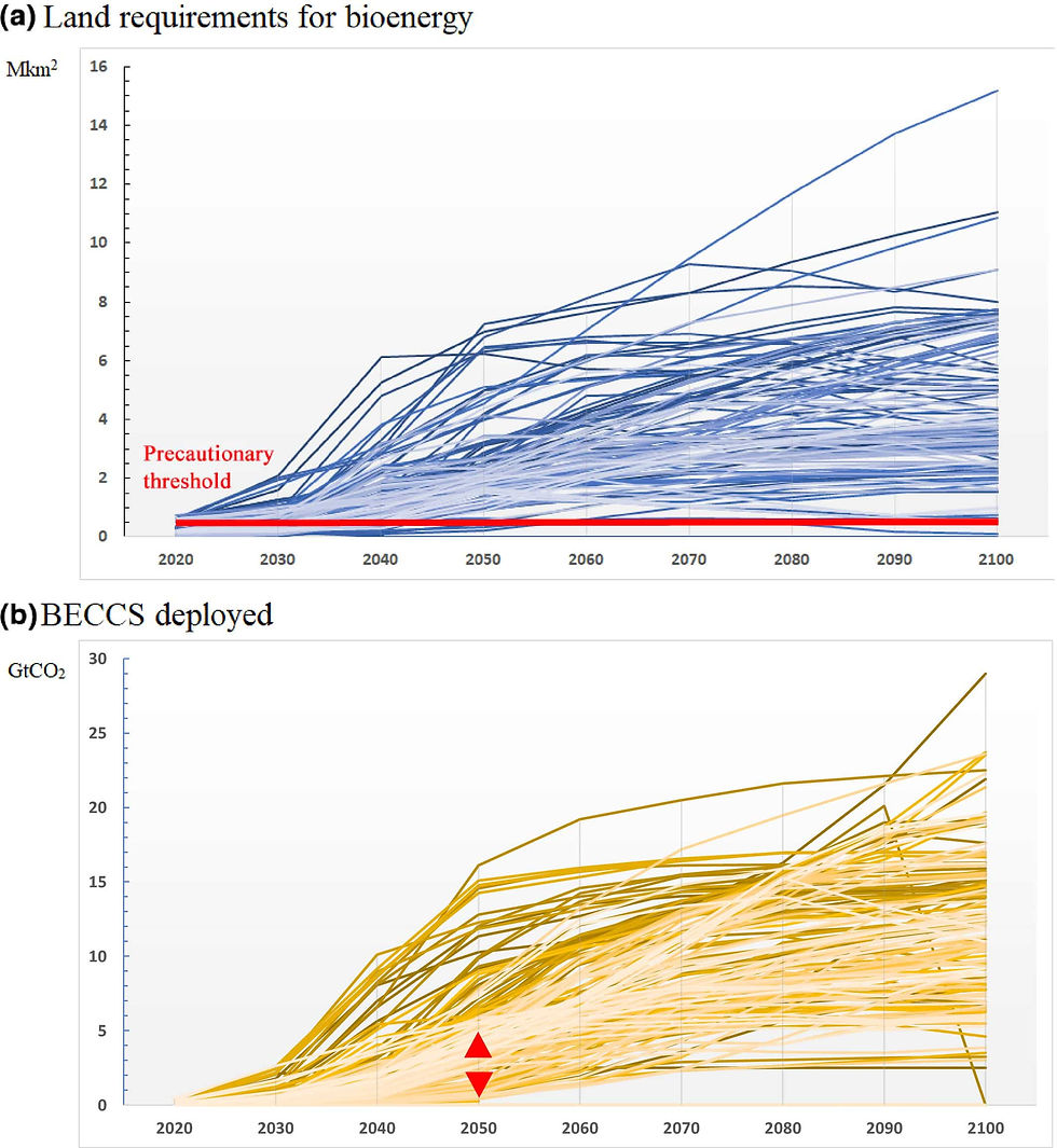 Fig 4. Land demand for bioenergy crops and bioenergy with carbon capture storage (BECCS) sequestration in 2C and 1.5C mitigation scenarios. From: Creuzig et al. 2021