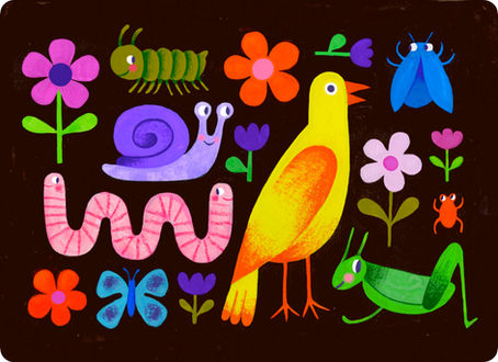 Sarah Mai Illustration, Children's art, colorful, retro kids art, animals, cute, animals art, multicolor kids art, children's book illustration, children's book art, licensing art, Sarah Mai Art, contrast art, grasshopper, worm, bird, bugs, caterpillar, flowers, butterflies