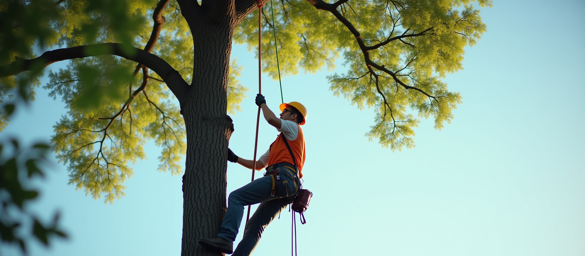 Image of a man in safety gear climbing a tree for inspection.