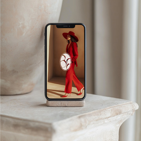 Bailey Eight brand identity shown on mobile with stylish woman in red fashion editorial.