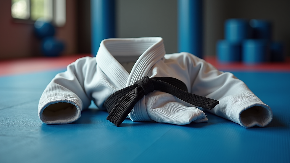 Close-up view of a Brazilian Jiu-Jitsu gi and belt on a mat
