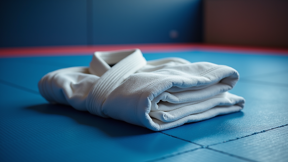 Eye-level view of a jiu jitsu gi and belt neatly folded on a training mat