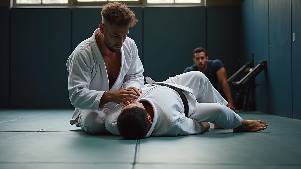 Close-up view of a Brazilian Jiu-Jitsu instructor demonstrating a technique on the mat