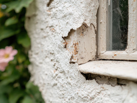 Close-up of stucco wall showing cracks and discoloration during inspection