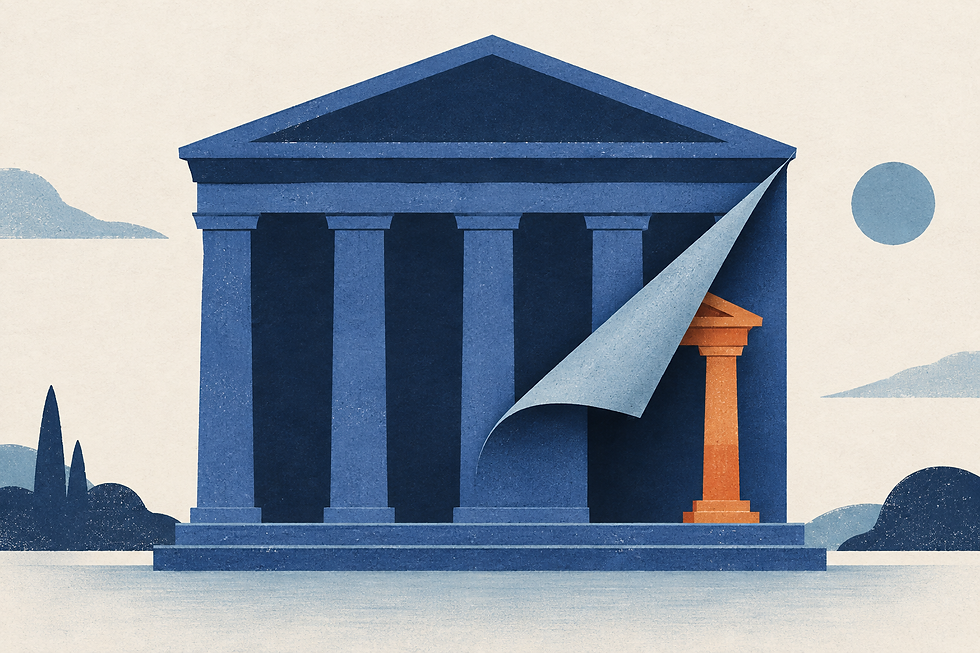 Editorial illustration of a blue building facade revealing an orange supporting column beneath it.