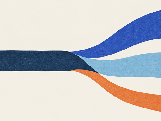 Editorial illustration of one navy ribbon dividing into blue, light blue, and orange branches, representing allocated shared resources.