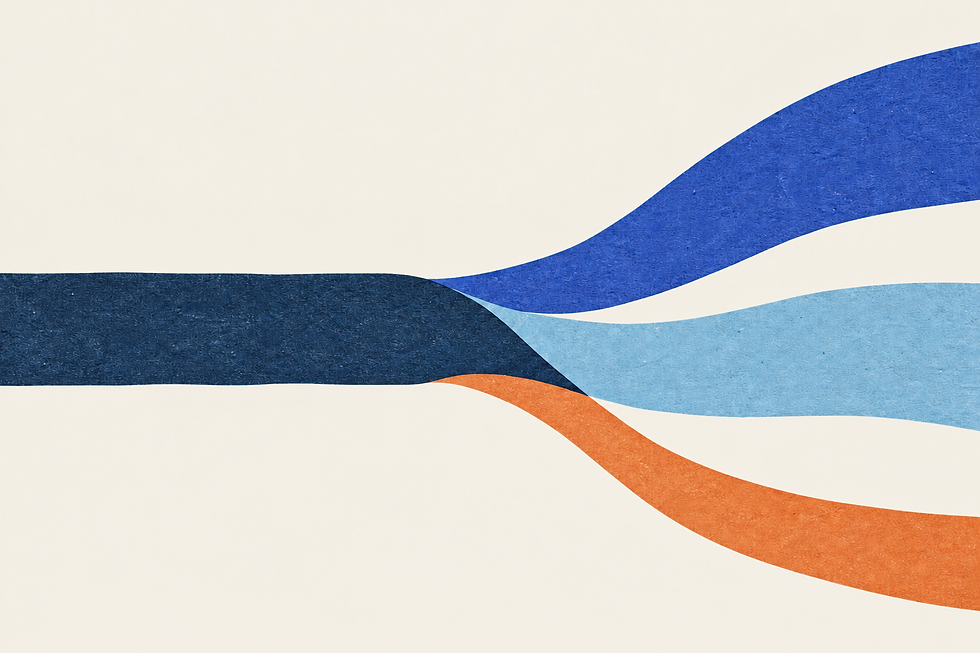 Editorial illustration of one navy ribbon dividing into blue, light blue, and orange branches, representing allocated shared resources.