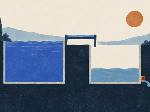 Editorial illustration of two blue reservoirs with different water levels, representing the difference between a budget and available cash.