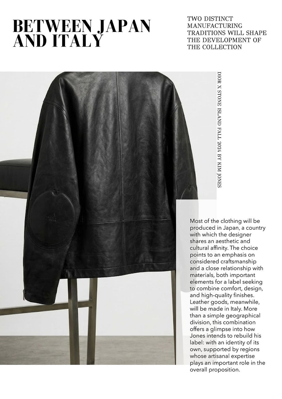 Black leather jacket with elbow patches from the Dior x Stone Island Fall 2024 collection designed by Kim Jones
