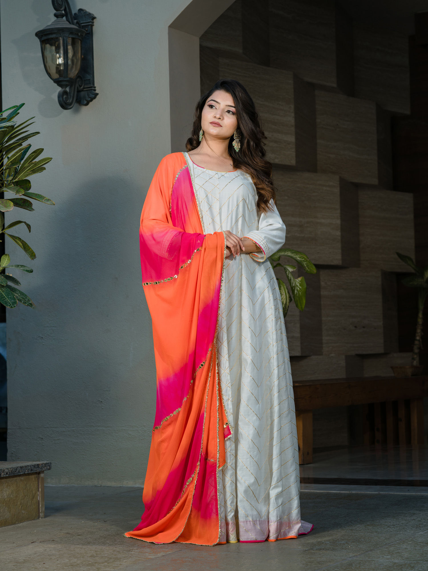 OFF WHITE ANARKALI WITH TIE DYE DUPATTA
